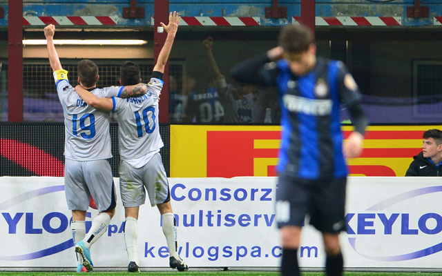 Az Atalanta játékosai ünneplik az Inter elleni góljukat 2013-ban a Serie A-ban.