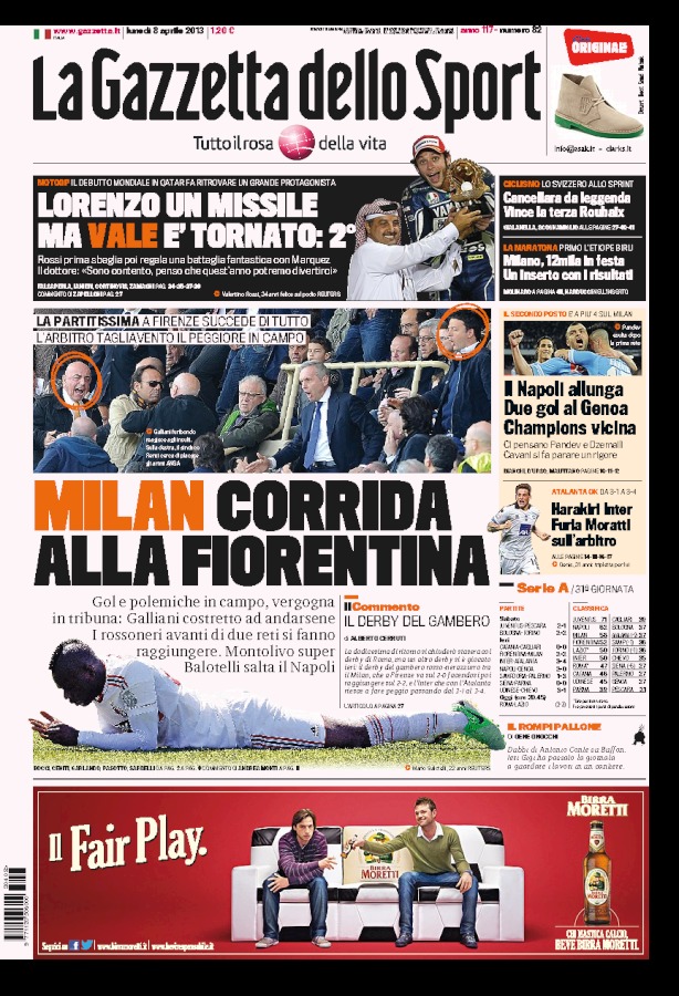 A La Gazetta dello Sport címlapja a Fiorentina-Milan (2-2) olasz bajnoki mérkőzés másnapján