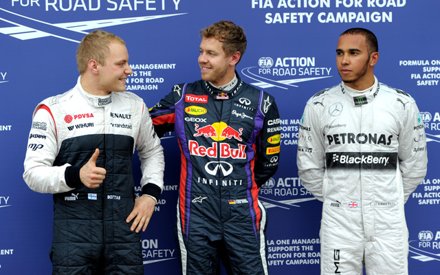 Valtteri Bottas, Sebastian Vettel és Lewis Hamilton a Forma-1-es Kanadai Nagydíj időmérő edzésén 2013-ban.