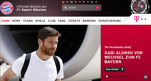 A Bayern hivatalos weboldalának csütörtöki címlapja 
